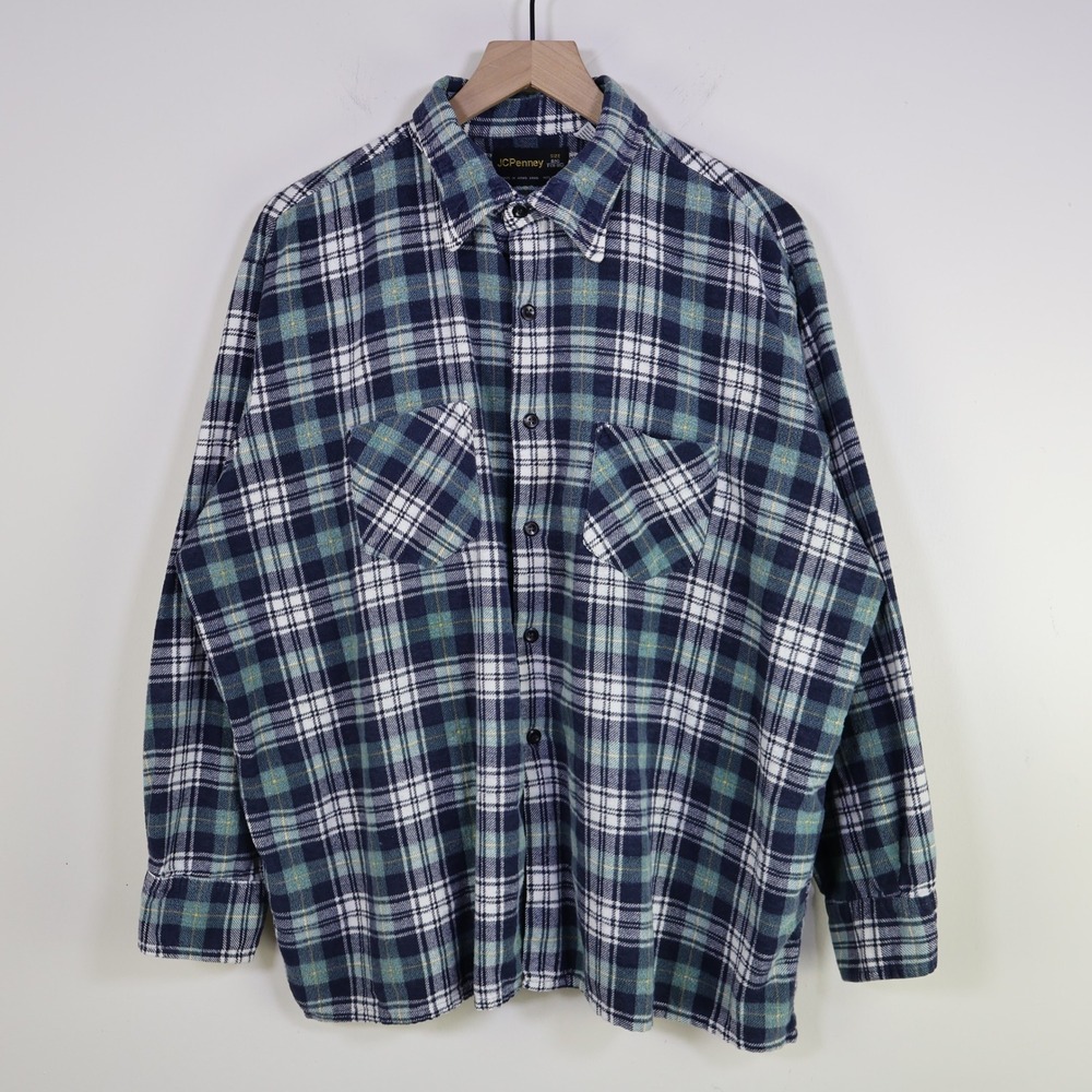 Vintage JCPenney Plaid Flannel Shirt Size 18-18.5 Big F Grunge Blue Green Cotton